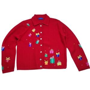 Karen Scott Red Wool Christmas Sweater Cardigan Embroidered Gifts Stars Size M